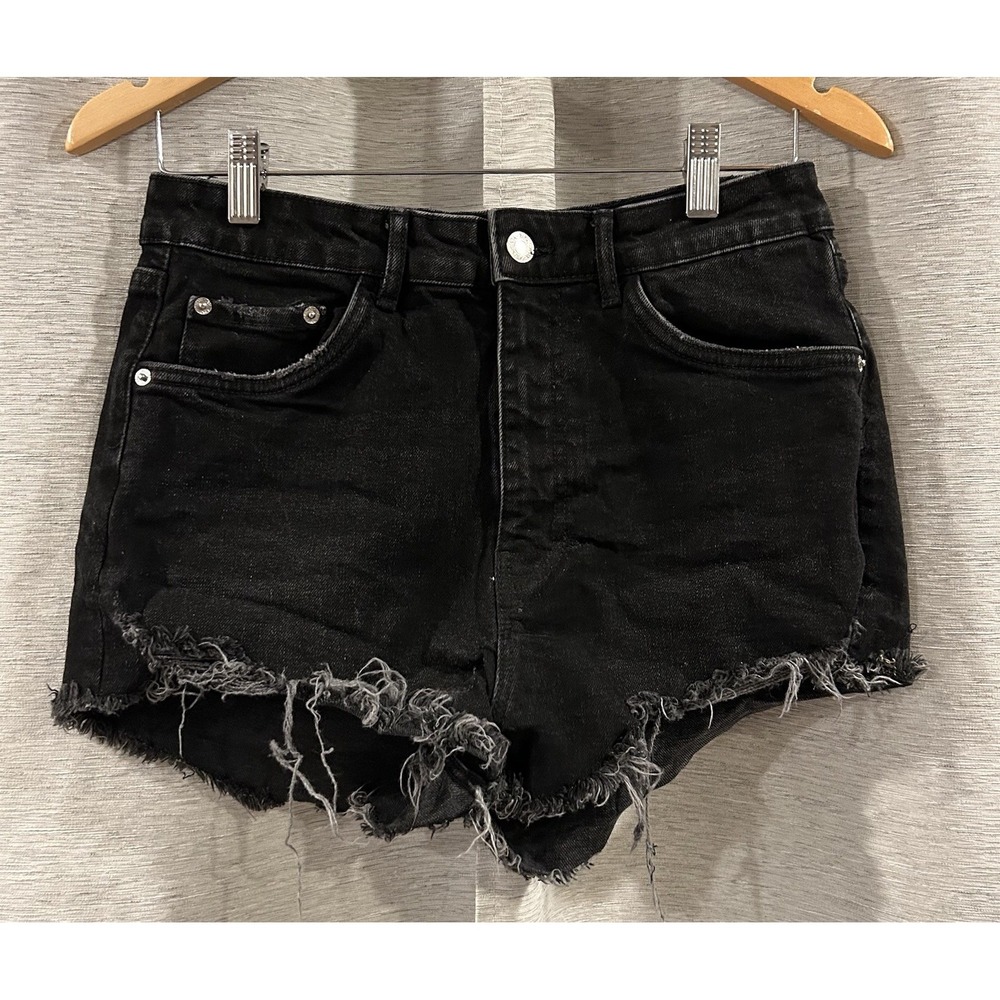 ZARA Women's‎ US 8 Black Button Fly High Rise Cut Off Denim Shorts